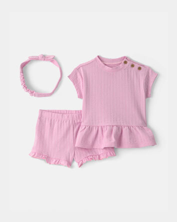 Baby Girl 3-Piece Textured Top & Short Set - Pink, 