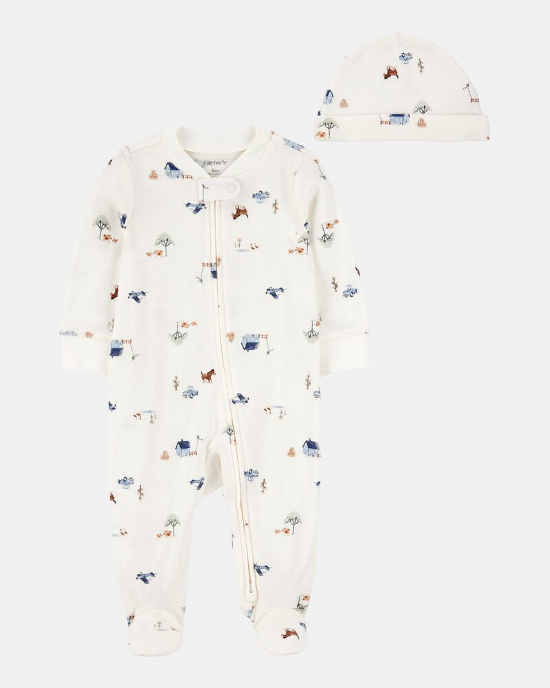 Baby 2-Piece 2-Way Zip Sleep & Play & Cap Set - Ivory/Blue, image 1 of 3 slides