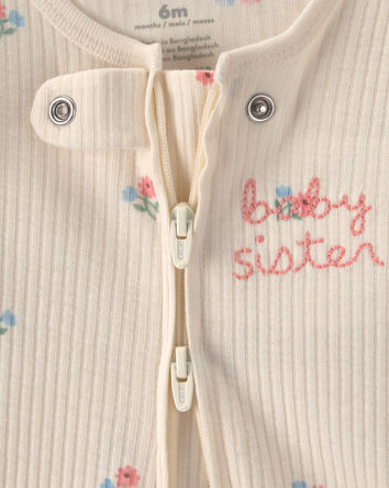 Baby Girl 'Baby Sister' Cotton 2-Way Zip Sleep & Play Pajamas - Ivory, 