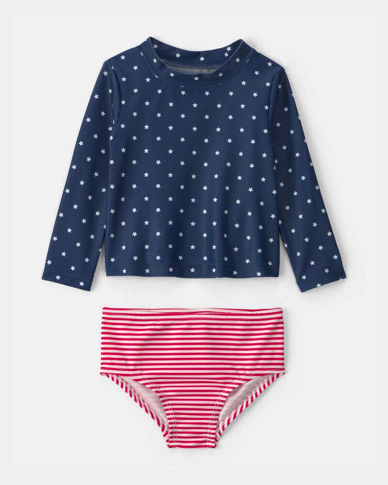 Baby Girl 2-Piece American Flag Rashguard Swimsuit Set - Red/White/Blue, image 1 of 4 slides