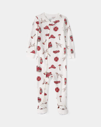 Baby Boy Firetruck 100% Cotton Snug Fit 1-Piece Pajama - White, 