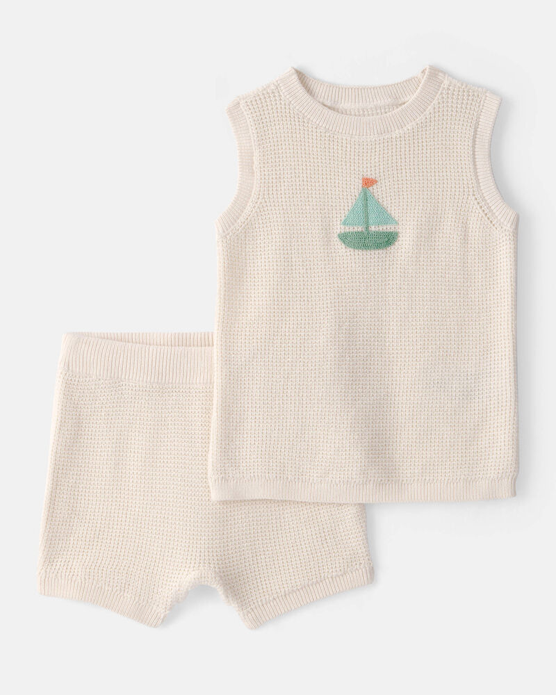 Baby 2-Piece Sailboat Crochet Top & Short Set - Cream, image 1 of 5 slides