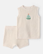 Baby 2-Piece Sailboat Crochet Top & Short Set - Cream, image 1 of 5 slides