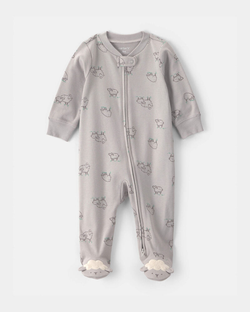 Baby Sheep 100% Cotton 2-Way Zip Sleep & Play Pajamas - Grey, image 1 of 5 slides