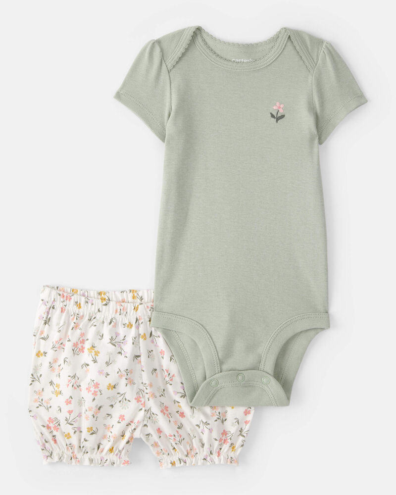 Baby Girl 3-Piece Floral Outfit Set - White/Green, image 2 of 11 slides