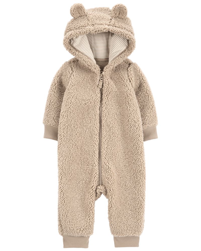 Baby Teddy Fleece Bear Zip-Up Jumpsuit - Brown, image 1 of 2 slides