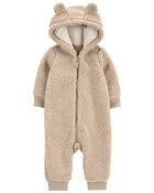 Baby Teddy Fleece Bear Zip-Up Jumpsuit - Brown, image 1 of 2 slides