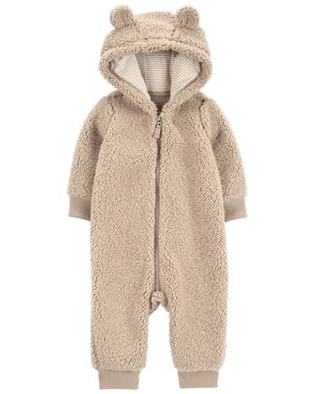 Baby Teddy Fleece Bear Zip-Up Jumpsuit - Brown, 