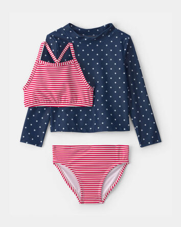 Toddler Girl 3-Piece American Flag Rashguard Swimsuit Set - Red/White/Blue, 