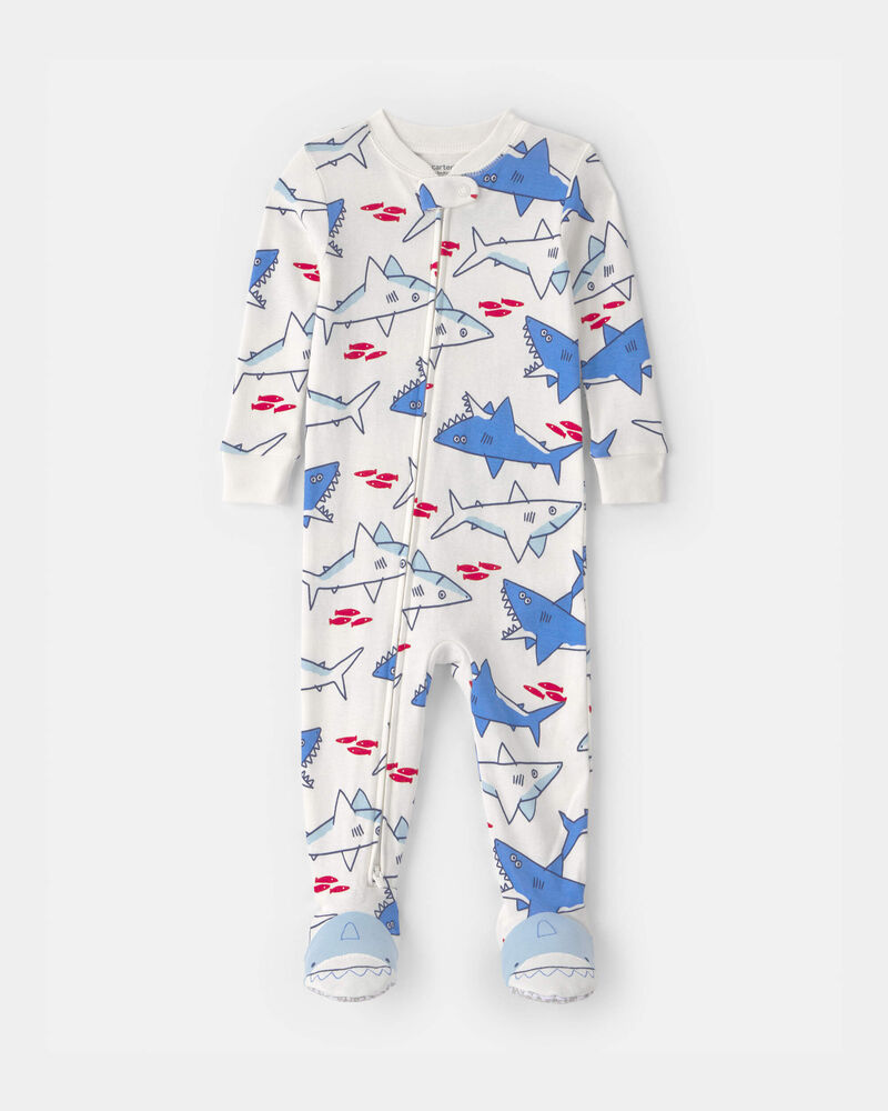 Baby Boy Shark 100% Cotton Snug Fit 1-Piece Pajama - Ivory/Blue, image 1 of 5 slides