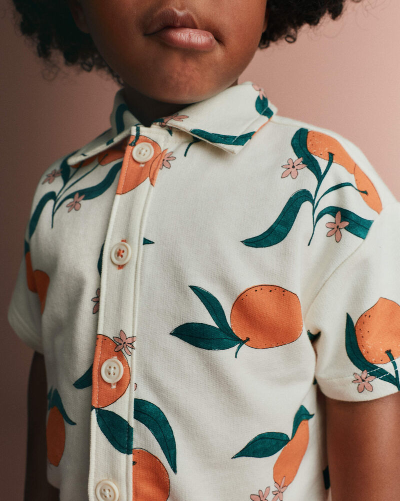 Toddler Boy Button-Down Short-Sleeve Shirt in Clementine Grove Print - Cream, image 3 of 6 slides