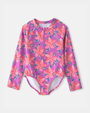 Girls Tropical Floral Rashguard Swimsuit - Purple, 