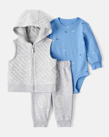 Baby Boy 3-Piece Helicopter Print Long-Sleeve Vest, Bodysuit & Pant Set - Grey, 