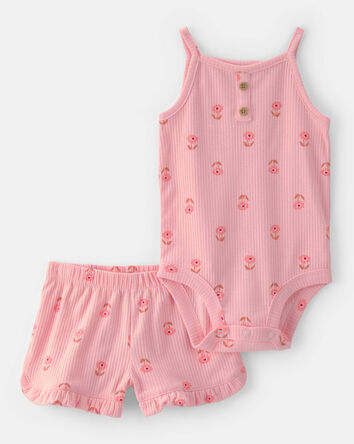 Baby Girl 2-Piece Floral Sleeveless Bodysuit & Short Set - Pink, 