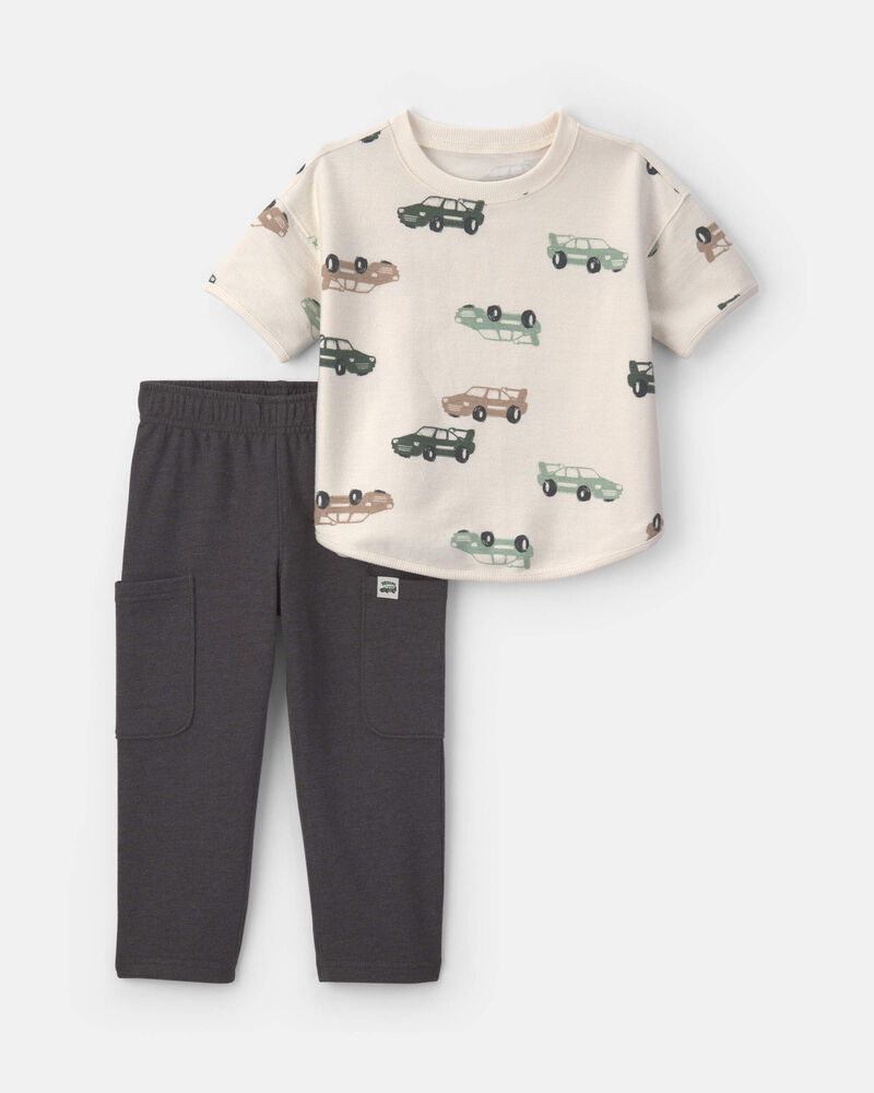 Toddler Boy 2-Piece Car French Terry Short-Sleeve Top & Pant Set - Cream/Grey, image 1 of 4 slides