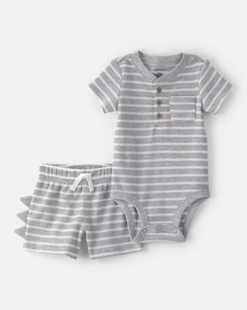Baby Boy 2-Piece Dino Spikes Waffle-Knit Short-Sleeve Bodysuit & Short Set - Grey, 