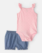 Baby Girl 3-Piece Chambray Outfit Set - Blue/Pink, image 2 of 11 slides