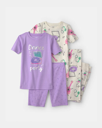 Girls Dance Party 100% Cotton 4-Piece Pajama Set - Purple, 