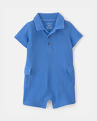 Baby Boy Waffle-Knit Polo Romper - Blue, image 1 of 4 slides