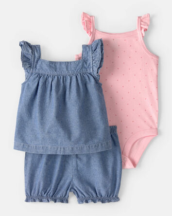 Baby Girl 3-Piece Chambray Outfit Set - Blue/Pink, 