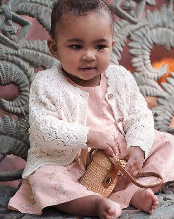 Baby Girl Organic Cotton Pointelle Sweater Knit Cardigan, 