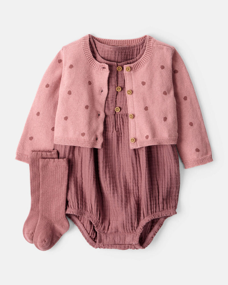 Baby Girl 3-Piece Acorn Print Short-Sleeve Dress Set - Pink, image 1 of 6 slides