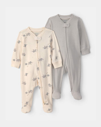 Baby 2-Pack Elephant Striped 100% Cotton 2-Way Zip Sleep & Play Pajamas - Ivory/Grey, 