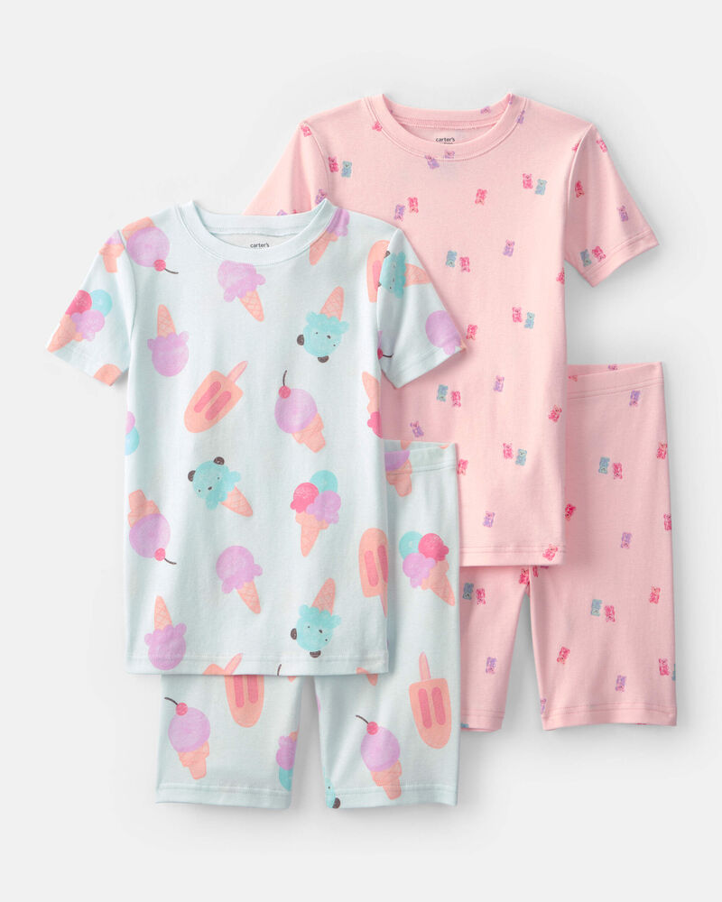 Girls Ice Cream 100% Cotton Short-Sleeve Snug Fit 4-Piece Pajama Set - Pink/Blue, image 1 of 4 slides