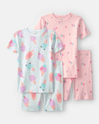 Girls Ice Cream 100% Cotton Short-Sleeve Snug Fit 4-Piece Pajama Set - Pink/Blue, image 1 of 4 slides