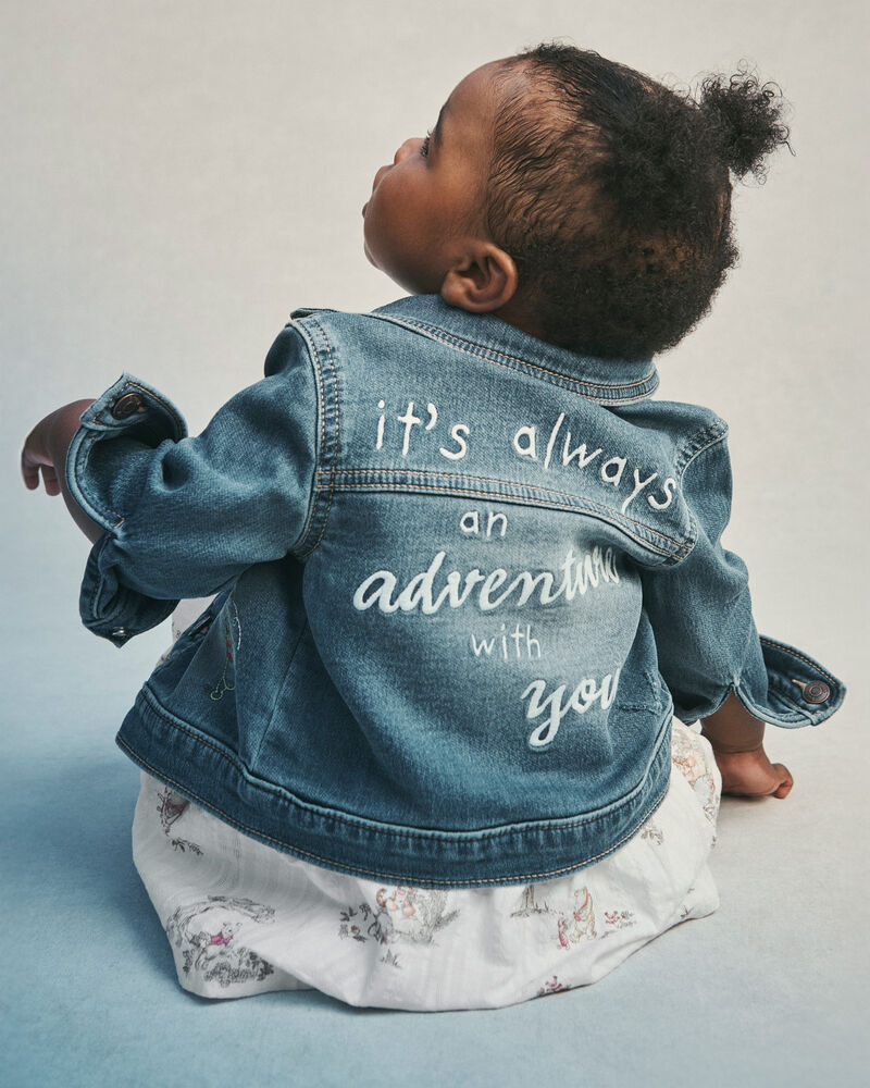 Baby Disney&copy; Winnie the Pooh Embroidered Knit-Like Denim Jacket with Back Art - Dark Wash, image 2 of 9 slides