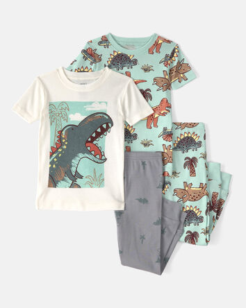 Baby Boy Dinosaur 100% Cotton Snug Fit 4-Piece Pajama Set - Blue/Grey, 