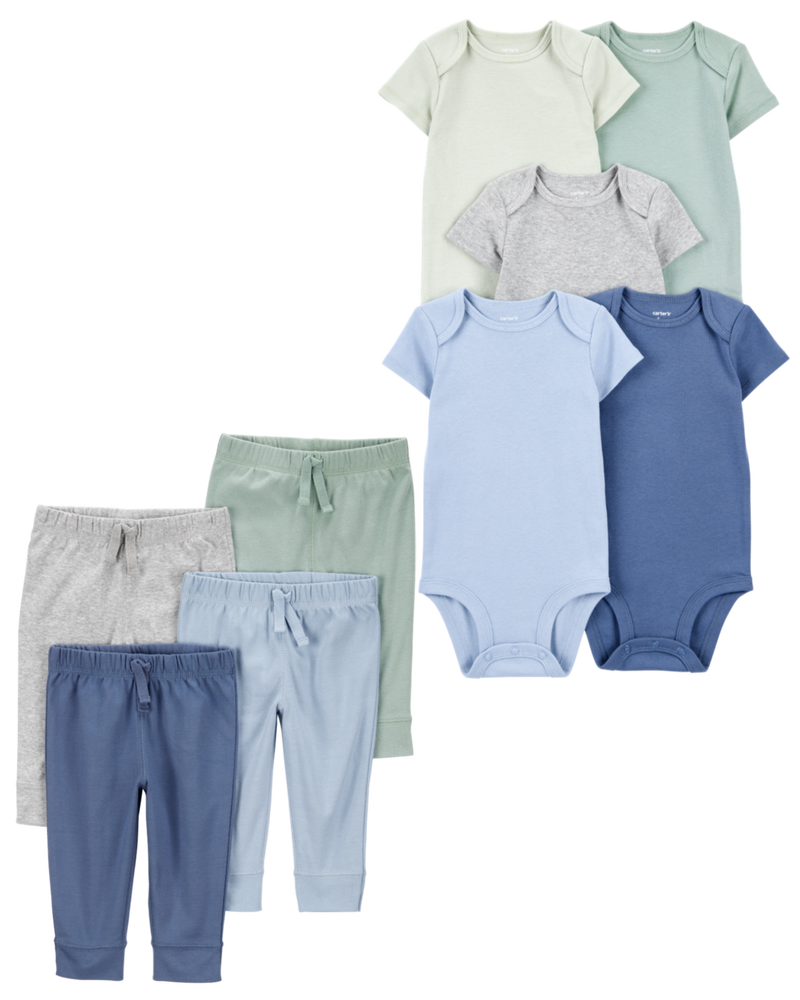 Baby 9-Piece Solid Short-Sleeve Bodysuits & Pull-On Pants Set, image 1 of 11 slides