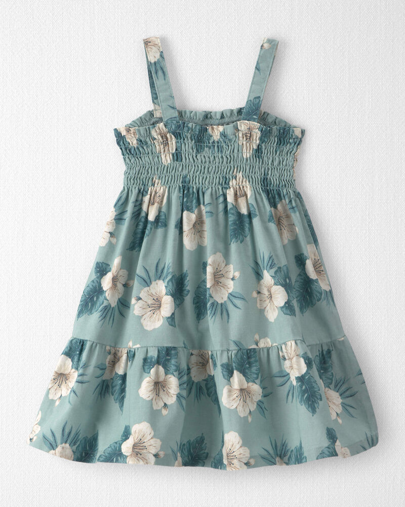 Toddler Girl Smocked Linen Dress Made with Organic Cotton in Blue Hibiscus, image 2 of 5 slides