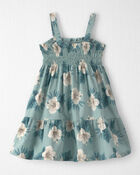 Toddler Girl Smocked Linen Dress Made with Organic Cotton in Blue Hibiscus, image 2 of 5 slides
