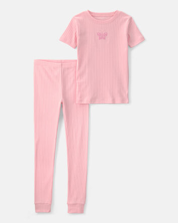 Girls Butterfly Rib Snug Fit 2-Piece Pajama Set - Pink, 