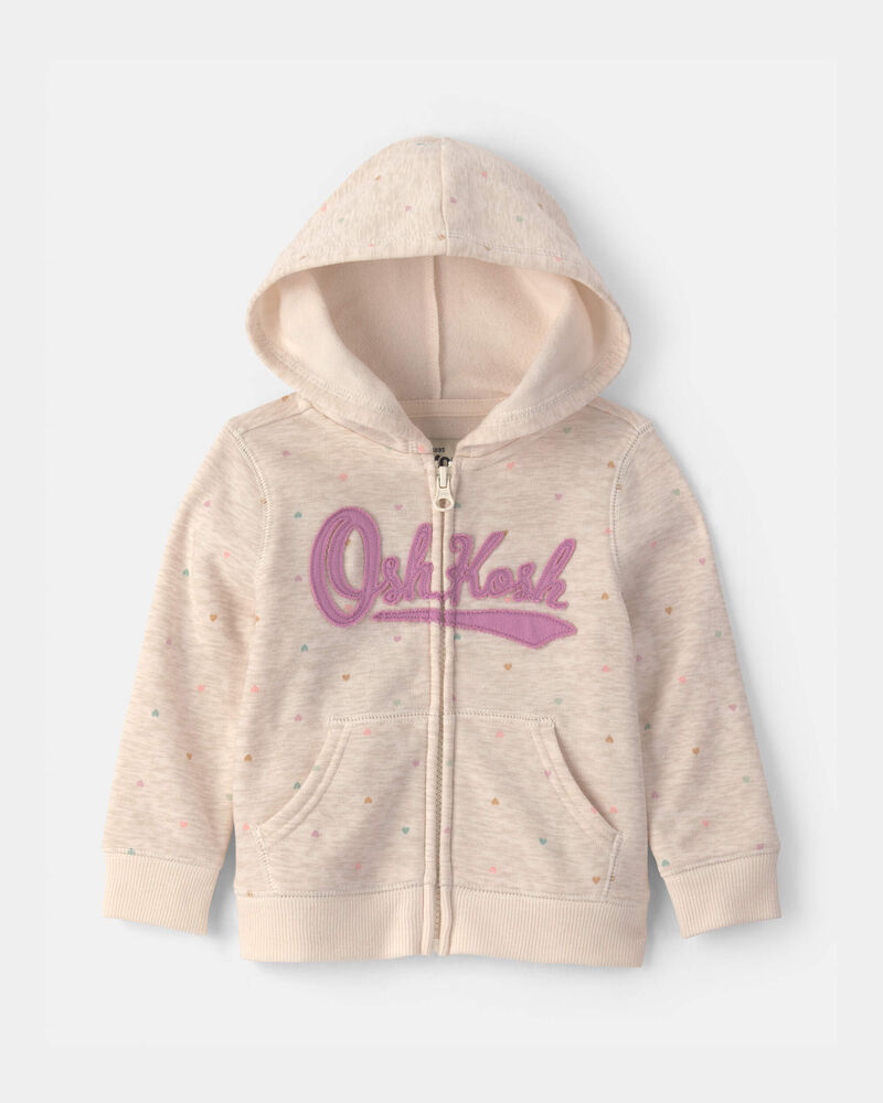 Baby Girl Heart OshKosh Logo Fleece Zip-Up Hoodie - Cream, image 1 of 3 slides