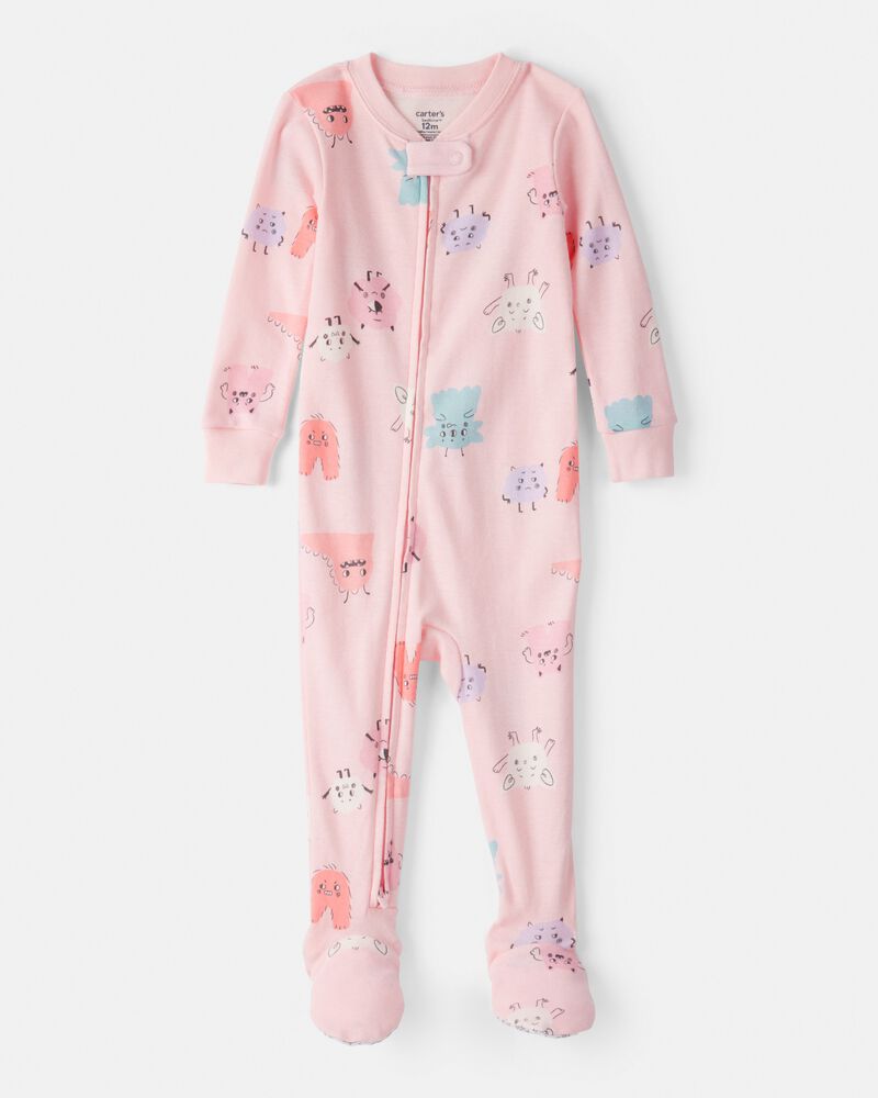 Toddler Girl Monster 100% Cotton Snug Fit Footie 1-Piece Pajamas - Pink, image 1 of 3 slides