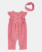 Baby Girl 2-Piece Solid Flutter-Sleeve Relaxed Fit Jumpsuit & Headwrap Outfit Set - Pink
, image 1 of 3 slides