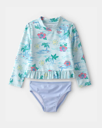 Toddler Girl 2-Piece Tropical Beach Rashguard Swimsuit Set - Blue/Purple, 