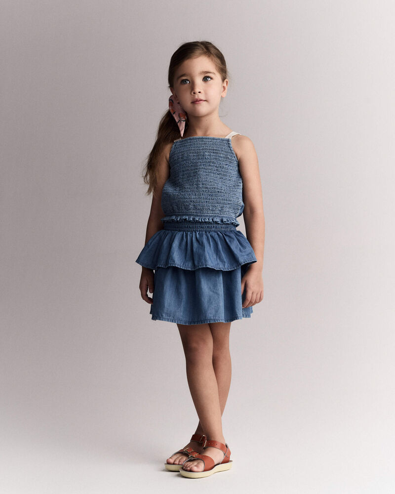 Toddler Girl Smocked Tiered Skirt in Chambray, image 5 of 6 slides