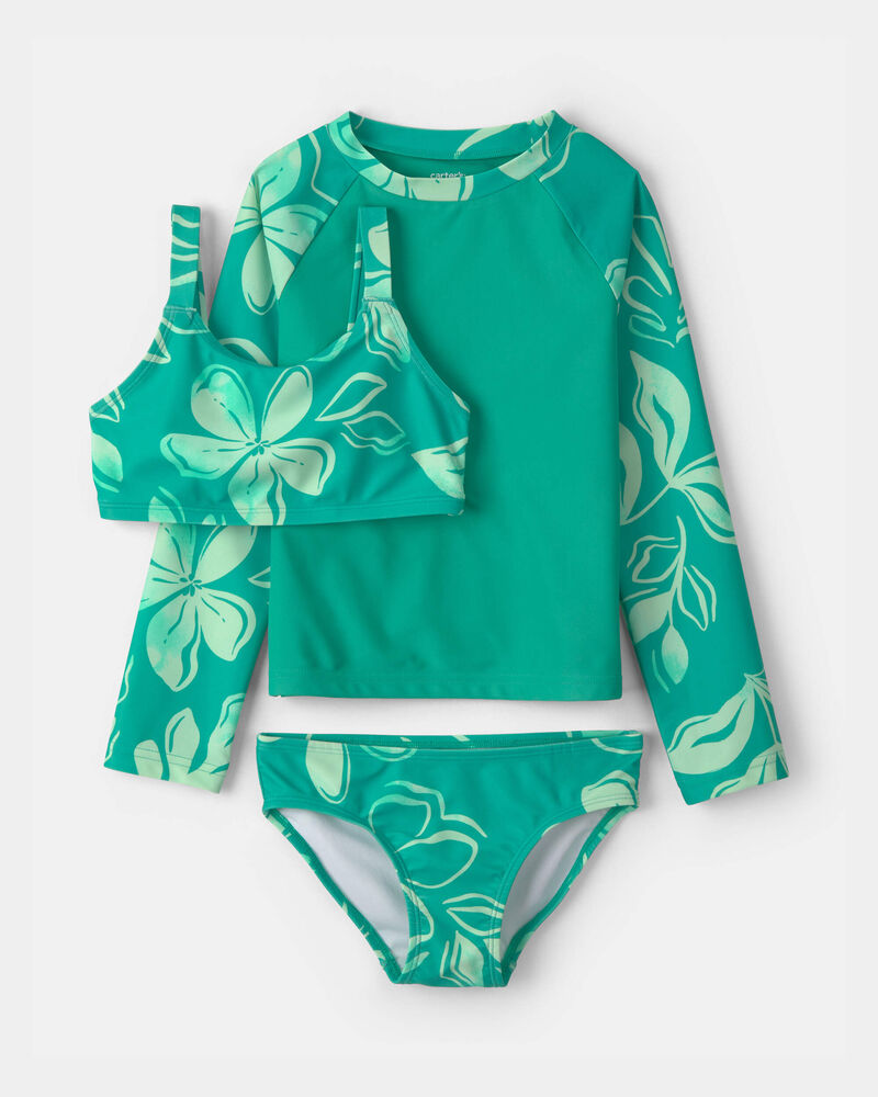 Girls 3-Piece Floral Rashguard Swimsuit Set - Green, image 1 of 5 slides