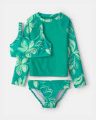 Girls 3-Piece Floral Rashguard Swimsuit Set - Green, image 1 of 5 slides