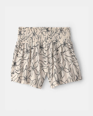 Girls Floral Smocked Crinkle Shorts - Black/Ivory, 