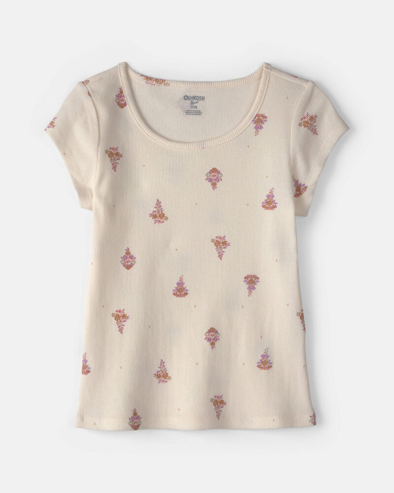 Girls Floral Ribbed Top - Cream, image 1 of 3 slides