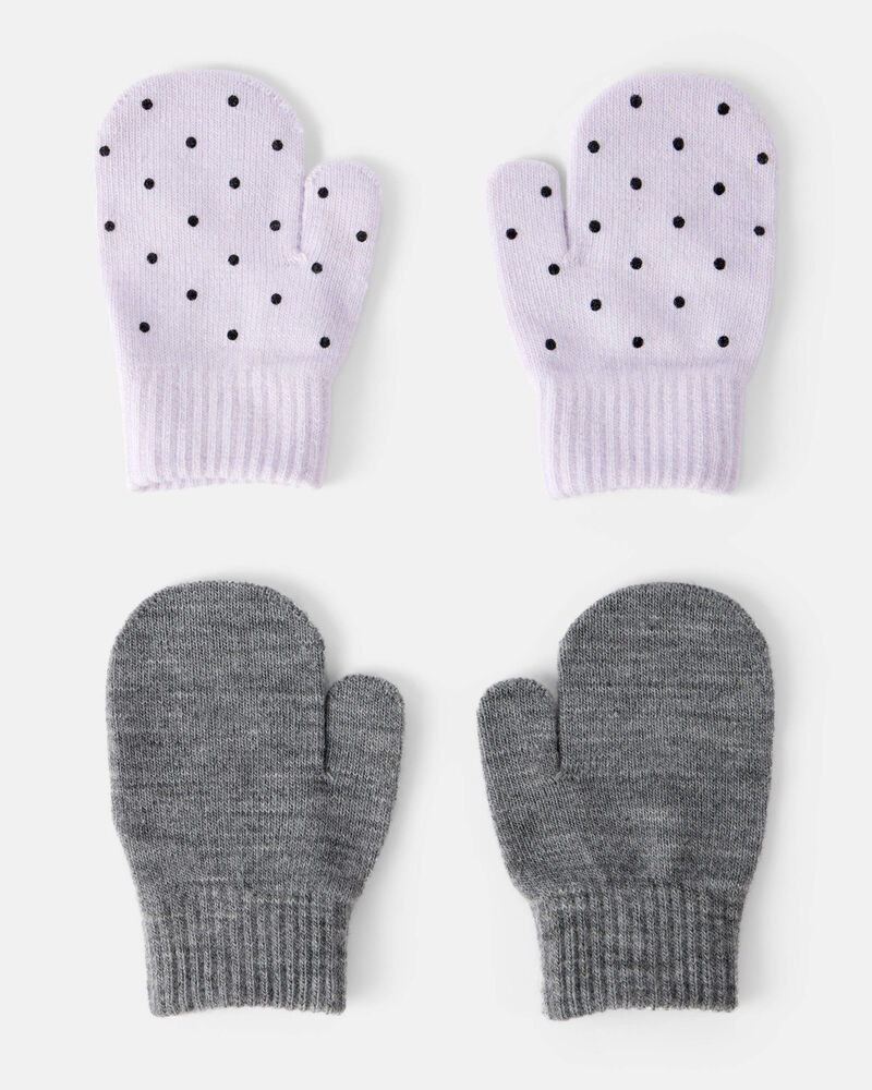 Toddler Girl 2-Pack Cat Polka Dot Winter Mittens - Purple/Grey, image 1 of 2 slides