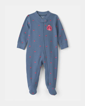 Baby Girl Ladybug 100% Cotton 2-Way Zip Sleep & Play Pajamas - Blue, 