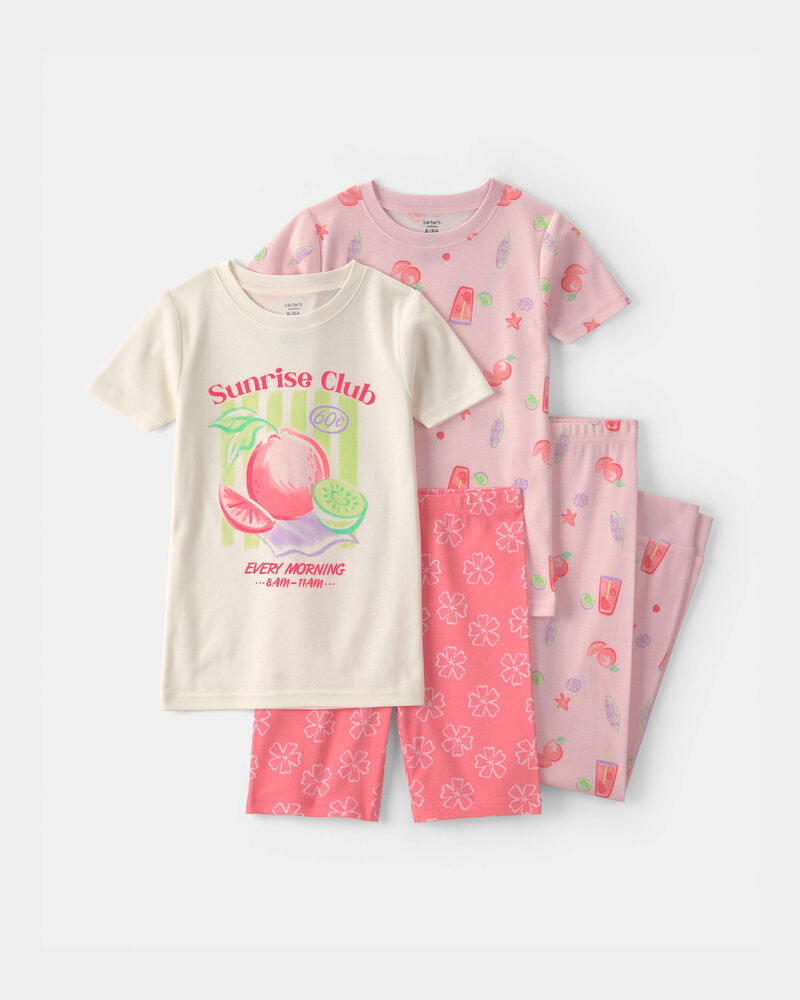 Girls 'Sunrise Club' Fruit 100% Cotton 4-Piece Pajama Set - Pink, image 1 of 4 slides