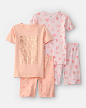 Girls Seashells 100% Cotton Short-Sleeve Snug Fit 4-Piece Pajama Set - Pink/Orange, 