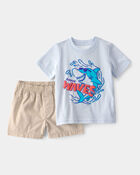 Baby Boy 2-Piece Shark Top & Short Set - Blue/Khaki, image 1 of 6 slides