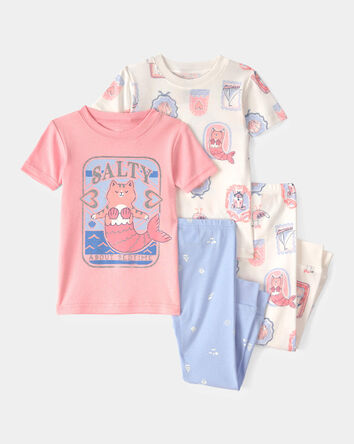 Toddler Girl Mermaid Cat 100% Cotton Snug Fit 4-Piece Pajama Set - Pink/Ivory, 